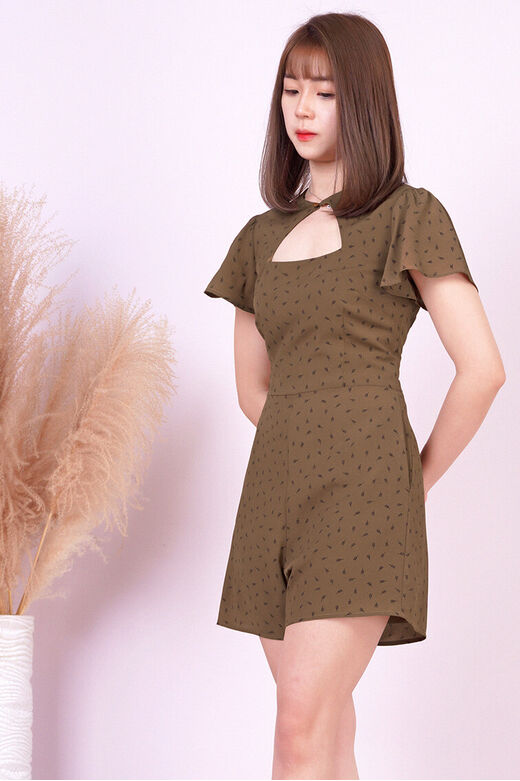 Fine Frill Sleeve Front Cutout Pine Leaf Print Playsuit (Dark Brown)